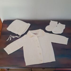 Vtg 1960 Blue Bird Knitwear Knit Baby Sweater Cap And Booties With Original Box